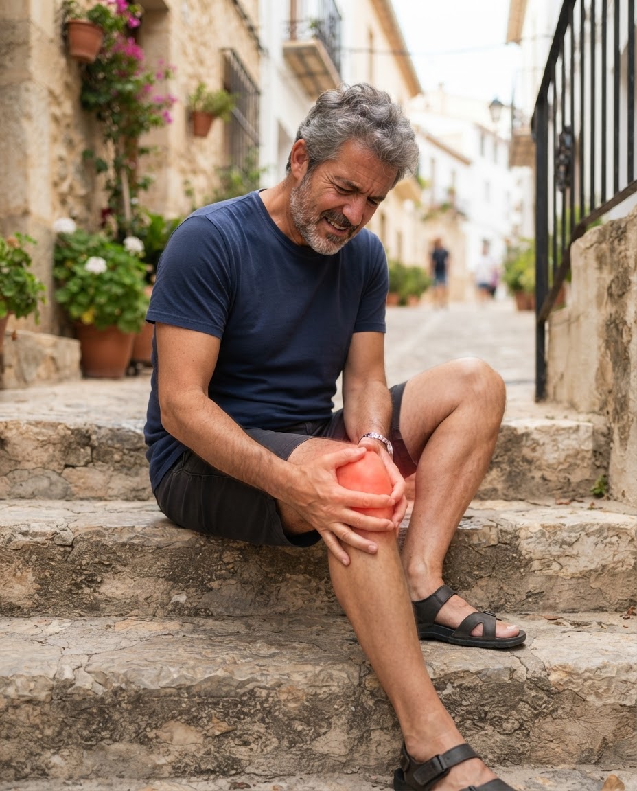 Hombre con dolor de rodilla sentado en unas escaleras